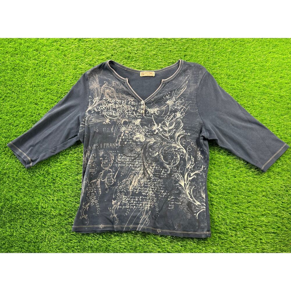 VTG Blue Canyon Women 1X Top Whimsigoth Grunge France Graphic 3/4 Sleeve Black